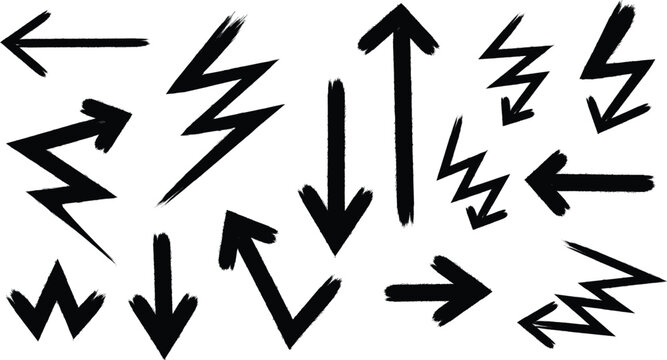 Rough vector arrow shapes, transparent background. Bold black brushstroke lines, paint texture, stencil graffiti form lightning bolts, abstract direction marks. Ink strokes, thick hand drawn arrows