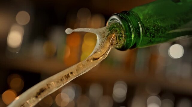 Super Slow Motion of Pouring Beer From Glass Bottle Attached to Camera at 1000fps.