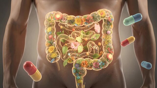 A conceptual image showcasing the human digestive system with flowers and bacteria, representing intestinal health. Promote digestive wellness, probiotic, and microbiome benefits