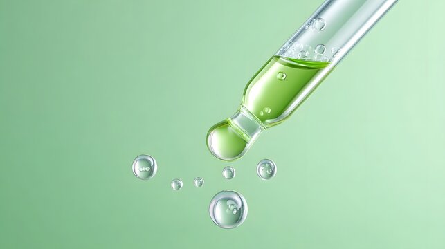 Close up of a scientific dropper dispensing a green serum or cosmetic oil with bubbles floating and a drop falling in a clean bright environment
