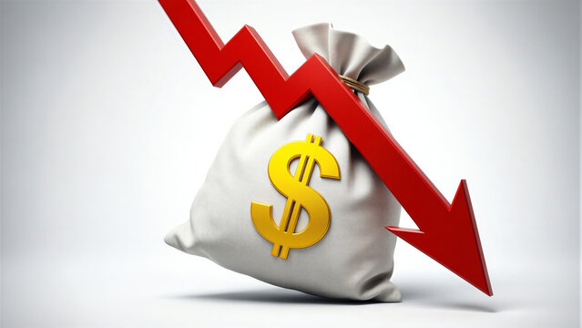 A bag of money with a dollar sign and a red arrow pointing down indicating financial loss or decline