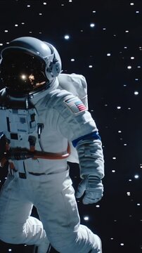 Vertical video: Floating astronaut in spacesuit rotating, framing shifting in space, showing PLSS
