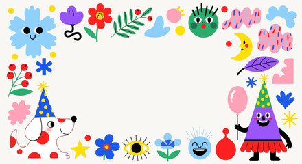 Obraz premium A colorful party scene with cartoon dog, monster, and various decorations.