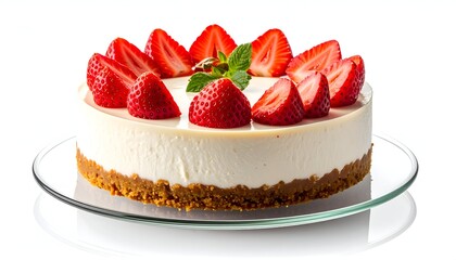 Strawberry cheesecake on glass plate, white background, simple dessert