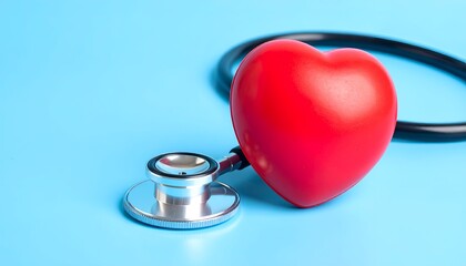 Red heart beside stethoscope on light blue