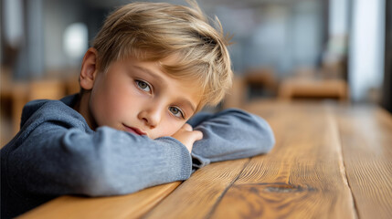 Fototapeta premium Extreme close-up of faceless boy's face resting against modern wooden desk surface, natural wood grain texture visible, soft light emphasizing details, quiet classroom atmosphere, defocused