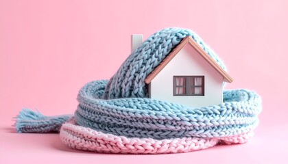 House model wrapped in warm knitted scarf on a soft pink backdrop