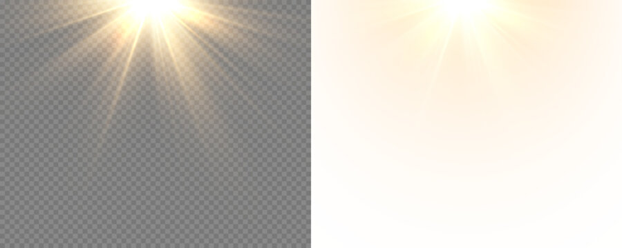 Golden sun rays shining from above with soft glow and realistic flare. Natural light overlay for photography and design in PNG format. PNG sunlight.