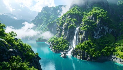 Lush green mountains cascade into turquoise water under a partly cloudy sky