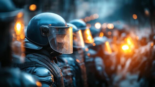 Defocused riot officers in full gear with shields and helmets, blurred formation during street protest, law enforcement authority, social unrest scene, civil conflict, with copy sp