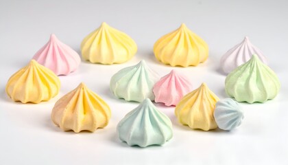 Pastel meringues, swirled towers, on a bright white surface, soft light