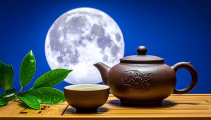 Tea set illuminated by moon, green leaves accent tranquility
