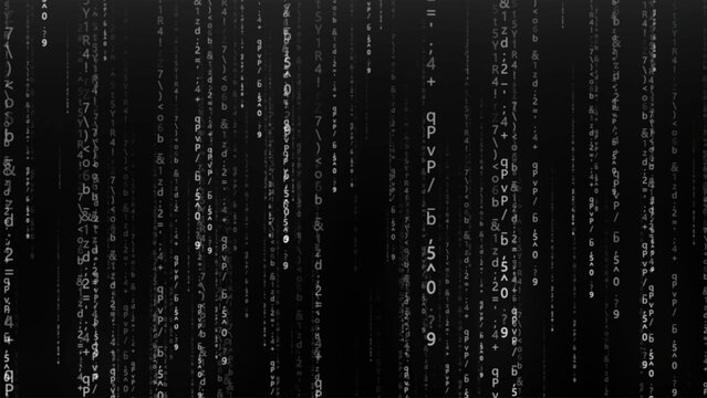 Vertical streams of symbols move across a dark background, creating the feeling of a hidden digital world. The illustration evokes an encrypted reality, machine computing, algorithms, and endless data