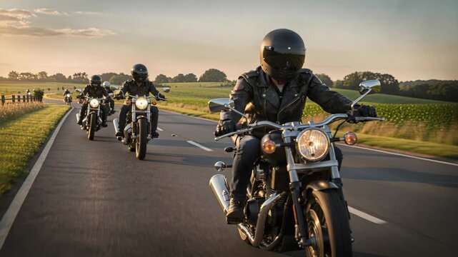 A group of motorcyclists rides on a winding road at sunset, conveying freedom, adventure, and camaraderie. Ideal for travel, lifestyle, and biker culture themes, showing the joy of exploration