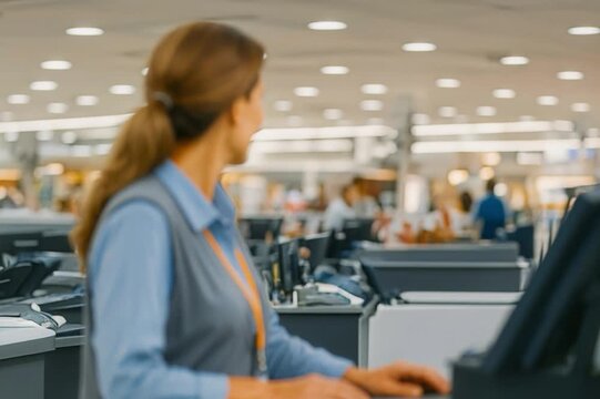 Smiling retail cashier at checkout counter using POS terminal in modern supermarket