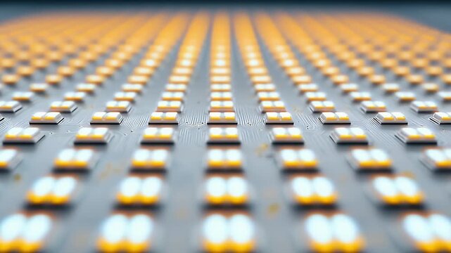 Rows of gold colored microchips on a circuit board.