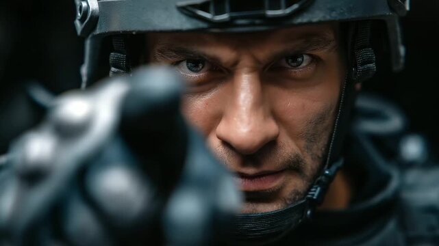 Dramatic close-up of soldier in tactical gear pointing at camera, faceless intense gesture, law enforcement confrontation, security training scenario, direct engagement moment, wit