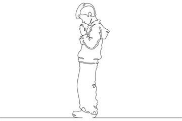 Obraz premium Continuous single line drawing child praying.Praying teenager.Church.Faith.Religion. Linear.One continuous line isolated minimalist illustration. Not AI.