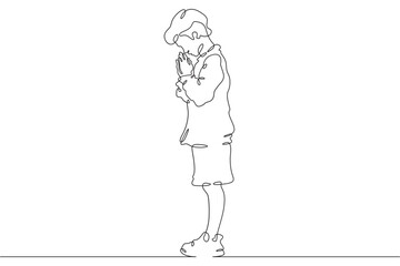 Obraz premium Continuous single line drawing child praying.Praying teenager.Church.Faith.Religion. Linear.One continuous line isolated minimalist illustration. Not AI.