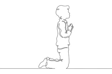 Continuous single line drawing child praying.Praying teenager.Church.Faith.Religion. Linear.One continuous line isolated minimalist illustration. Not AI.