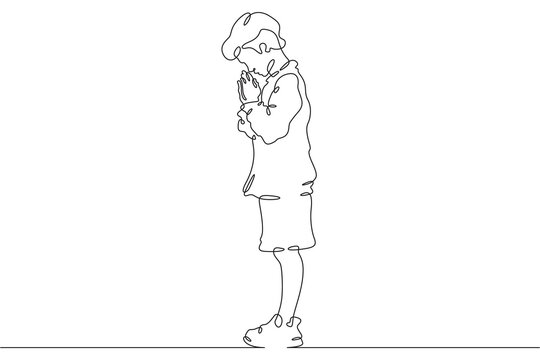 Continuous single line drawing child praying.Praying teenager.Church.Faith.Religion. Linear.One continuous line isolated minimalist illustration. Not AI.