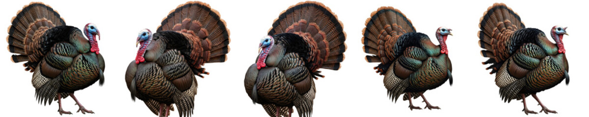 Collection of wild turkey birds with detailed feather texture, isolated on white background PNG best image file,,.