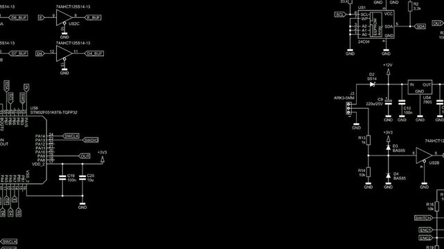 Video animation with schematic 
diagram of digital electronic device. Drawing 
electrical circuit with 
integrated circuit, micro controller,
operational amplifier, memory chip,
capacitor, resistor.