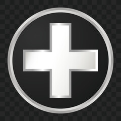 Obraz premium A shiny metallic silver-framed black circle containing a prominent white plus sign, set against a transparent background.