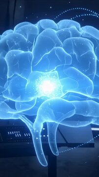 Vertical video: Booting console projecting blue holo brain stem pulsing core orbiting ring in lab