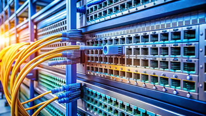 Closeup view of a server rack with yellow Ethernet cables connecting to ports, signifying robust network infrastructure and data flow.