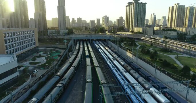 Chicago Union Station Aerial View with Multiple Trains at Sunrise