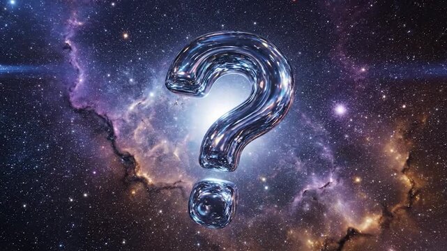 A shimmering llic question mark floats mysteriously in the vast expanse of