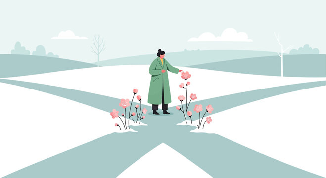 Woman at Crossroads with Blooming Flowers in Winter Landscape