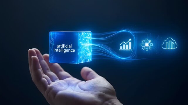 Artificial intelligence technology concept with glowing digital cube floating above human hand and data flow visualization