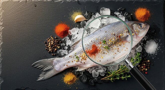 Whole fish with spices and herbs on black slate background