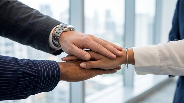 Closeup of three professional hands stacked in teamwork gesture conveying trust and collaboration in corporate office environment, diverse colleagues showing support and unity