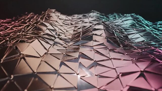 Abstract polygonal landscape with vibrant neon gradients creates a futuristic and dynamic visual for technology data visualization or modern design projects