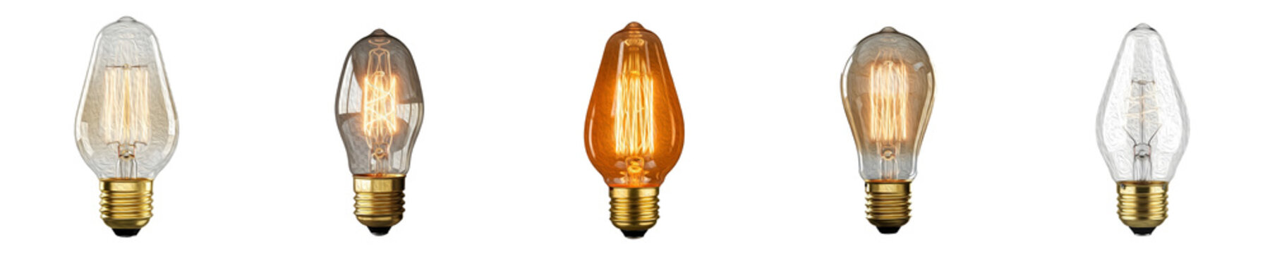 Set of five (5) glowing Edison vintage light bulbs, isolated on white background PNG stock file,,.,
