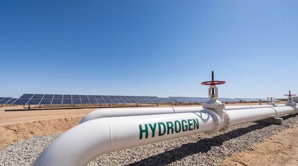 Fototapeta premium Hydrogen pipeline in desert solar hydrogen production facility with clear sky and industrial valve