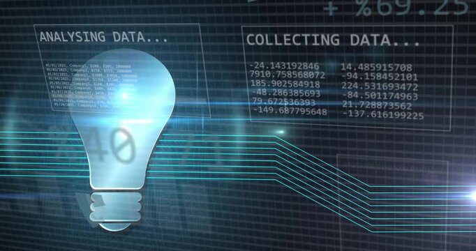 On load glowing bulb icon sending lines, rotating pie, collecting and analyzing data for analytics
