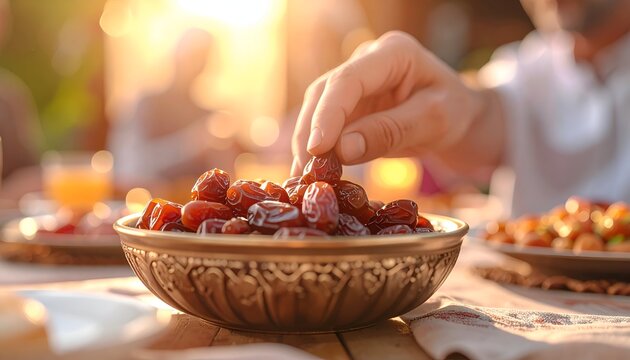 Hand Picking Date Fruit from Bowl at Sunset for Breaking Fast
