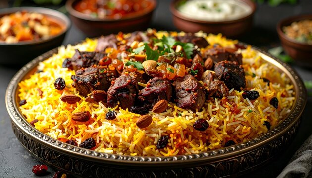 Arabian Spiced Rice Nasi Biryani or Kebuli with Mutton Meat