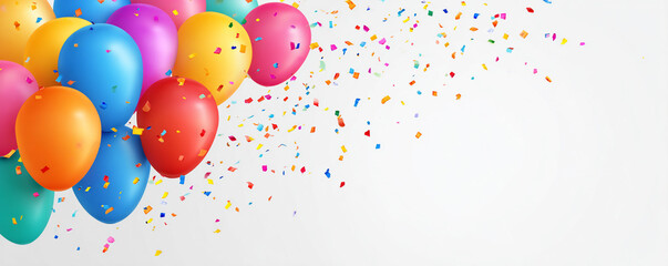 Group of multicolored balloons on right side composition, confetti diagonally falling 32k