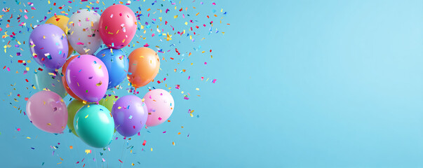 Group of multicolored balloons on right side composition, confetti diagonally falling 32k