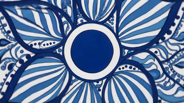 Intricate Blue and White Floral Mandala Design Rotating on a White Background.
