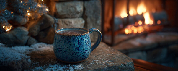 Handcrafted ceramic mug warming beside stone fireplace, cozy winter atmosphere 32k ultra HD