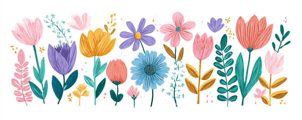 Hand-drawn folk art spring flowers in flat pastel vector style 32k ultra HD
