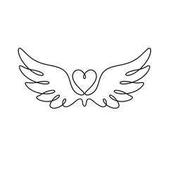 Obraz premium A delicate continuous line drawing of wings embracing a heart