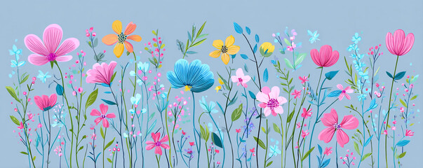 Hand-drawn folk art spring flowers in flat pastel vector style 32k ultra HD
