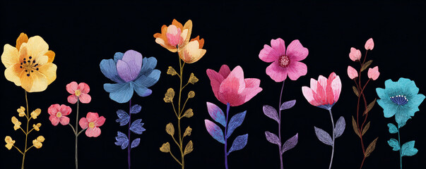 Hand-drawn folk art spring flowers in flat pastel vector style 32k ultra HD